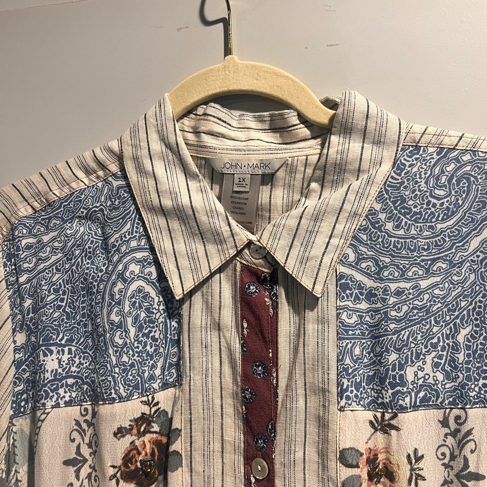 John Mark Blue and Cream Patchwork Button Down Sh… - image 3